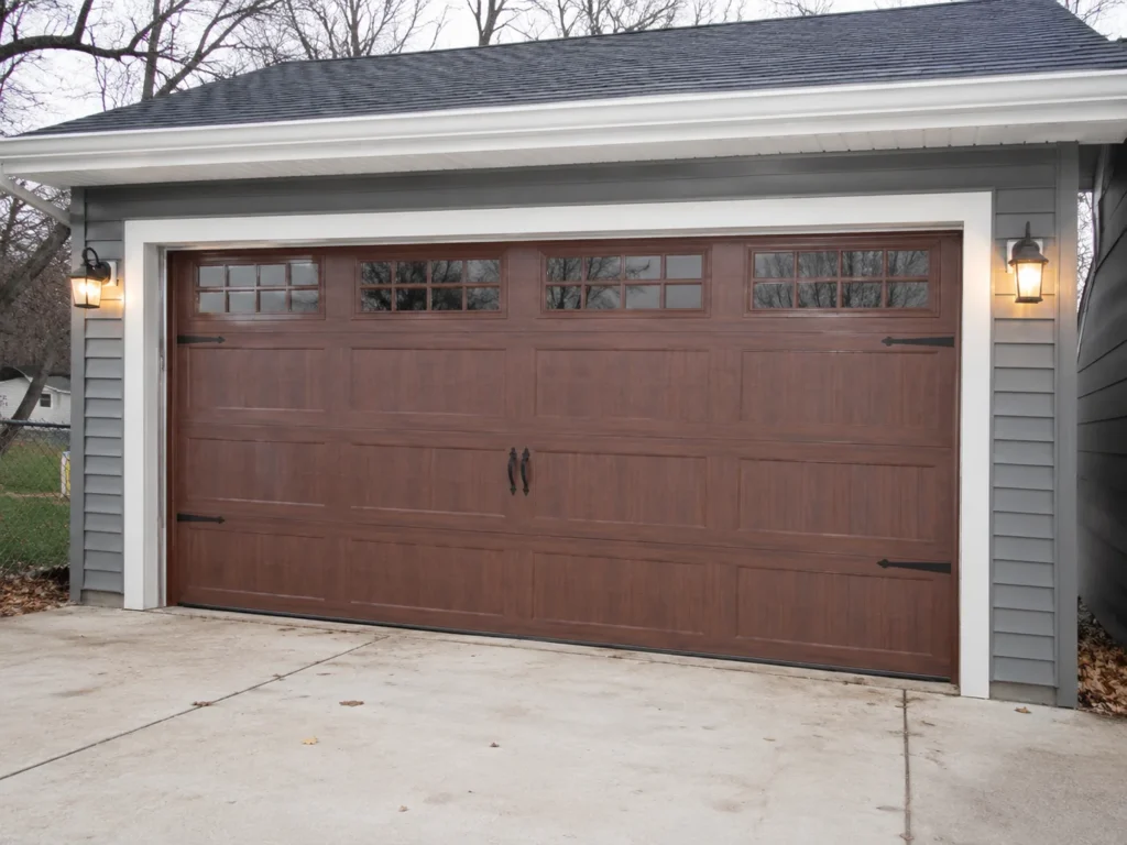 Completed garage with carriage-style overhead door in Cedar Rapids, Iowa.