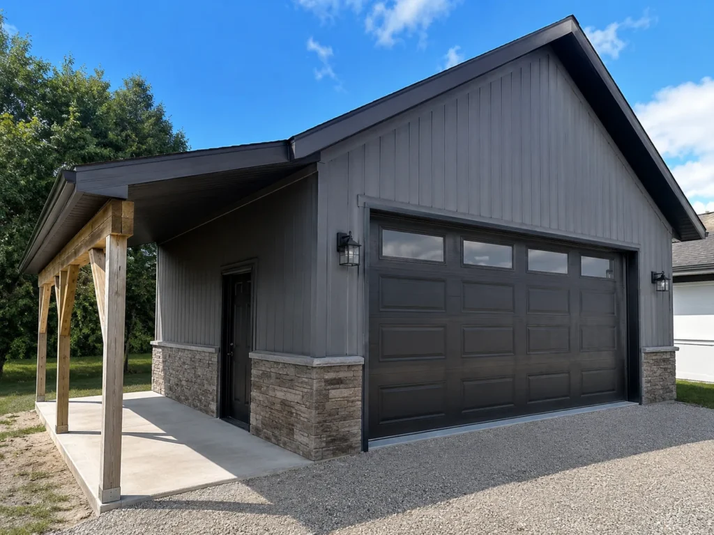 Completed garage with dark overhead door and stone accents in Cedar Rapids, Iowa.