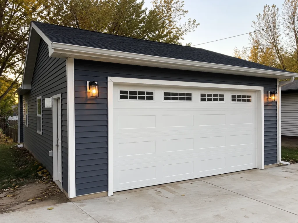 Completed single-car detached garage with dark siding in Cedar Rapids, Iowa.
