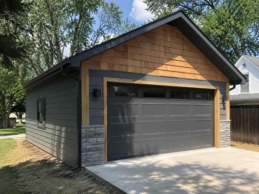 Completed single-car detached garage with stone accents in Cedar Rapids, Iowa.