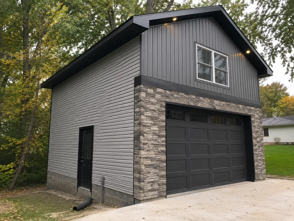 Completed single-car detached garage with stone veneer in Cedar Rapids, Iowa.