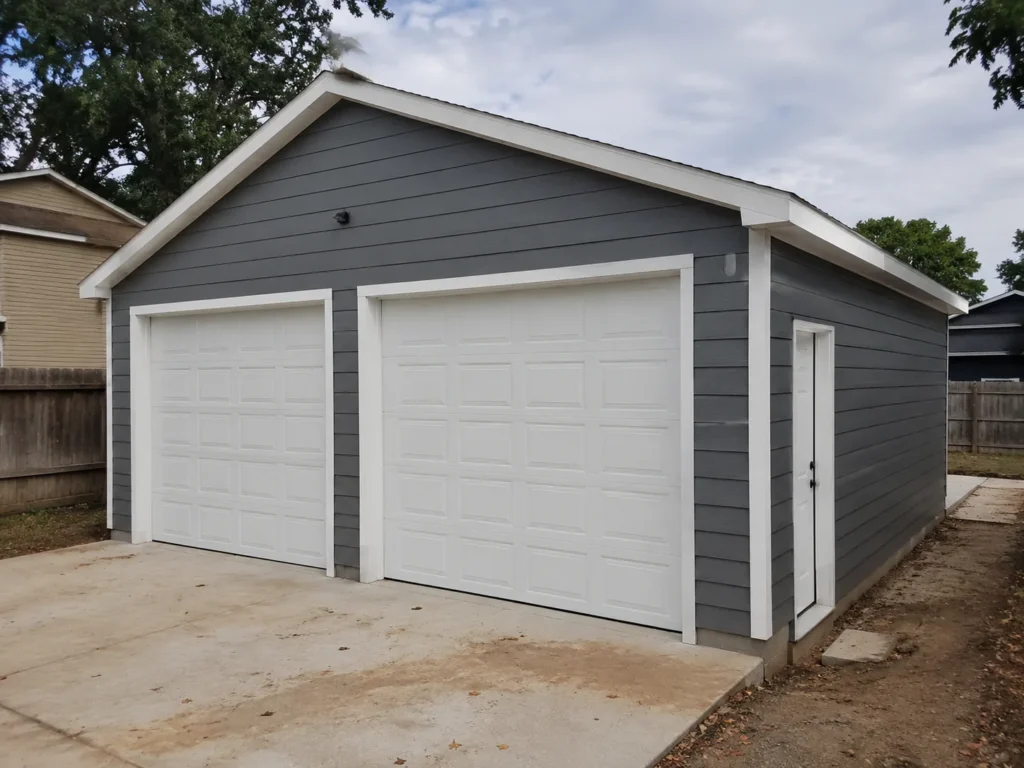 Completed two-car detached garage with gray siding in Cedar Rapids, Iowa.