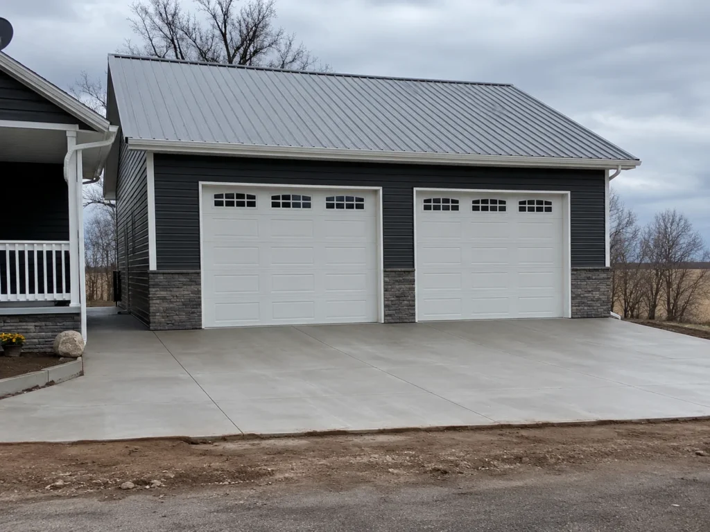 Completed two-car detached garage with metal roof and stone accents in Cedar Rapids, Iowa.