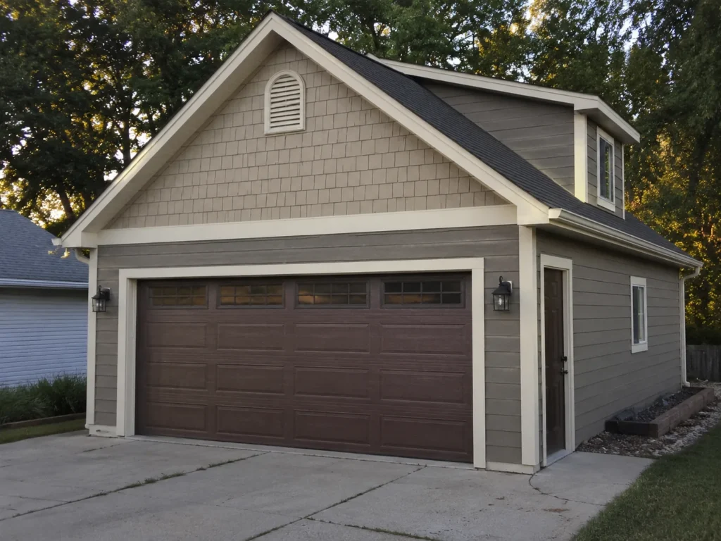 Completed two-story detached garage with carriage-style door in Cedar Rapids, Iowa.
