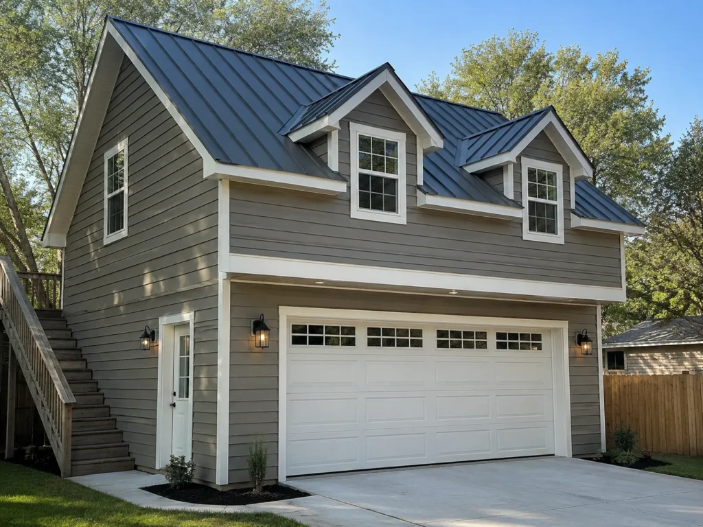 Completed two-story garage with metal roof and dormers in Cedar Rapids, Iowa.