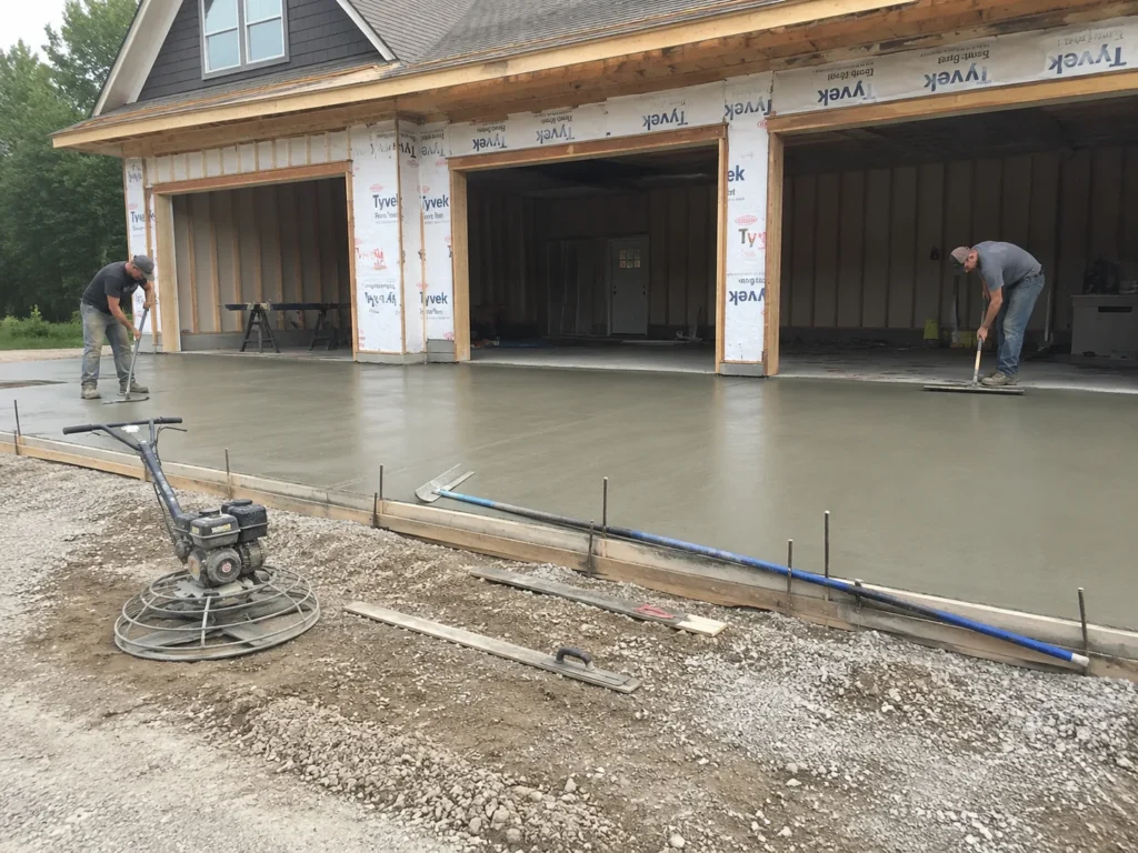 Concrete slab finishing at garage addition in Cedar Rapids, Iowa.