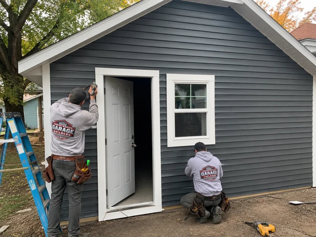Exterior siding installation on detached garage in Cedar Rapids, Iowa.