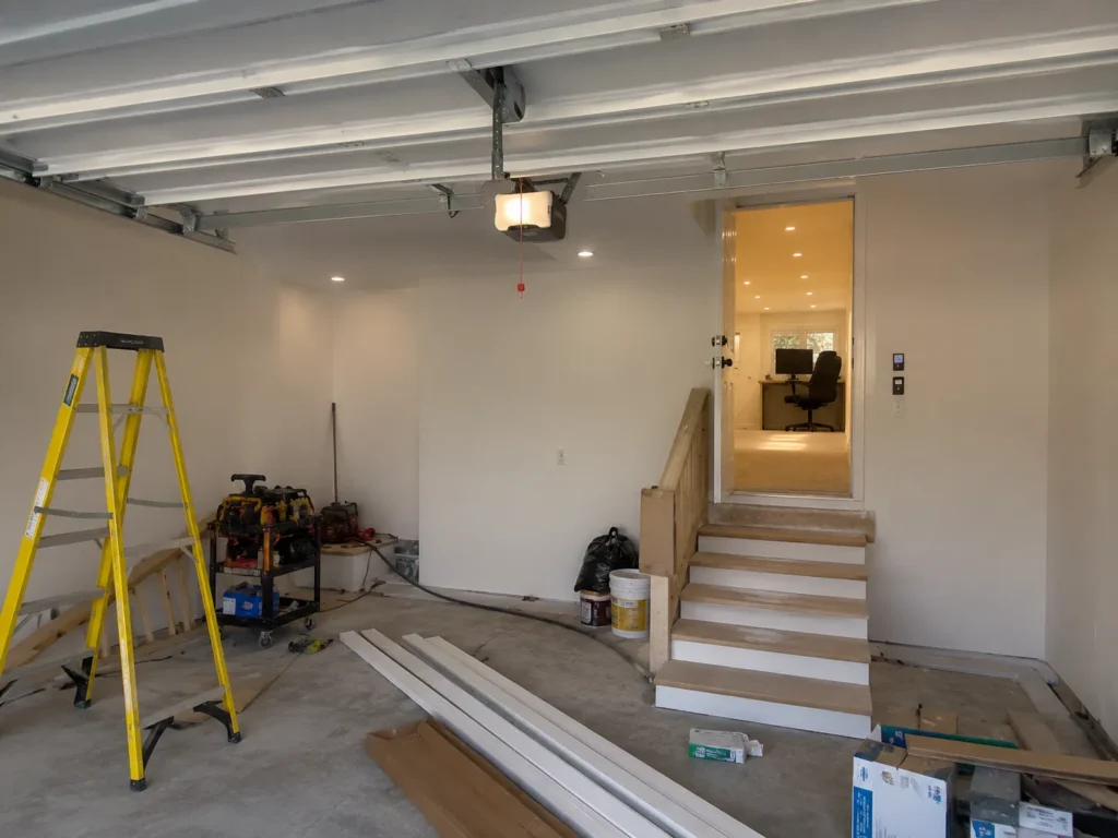 Finished garage interior with drywall and lighting in Cedar Rapids, Iowa.