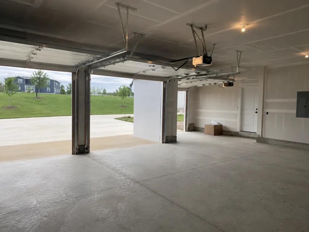 Finished large garage interior with coated floor in Cedar Rapids, Iowa.