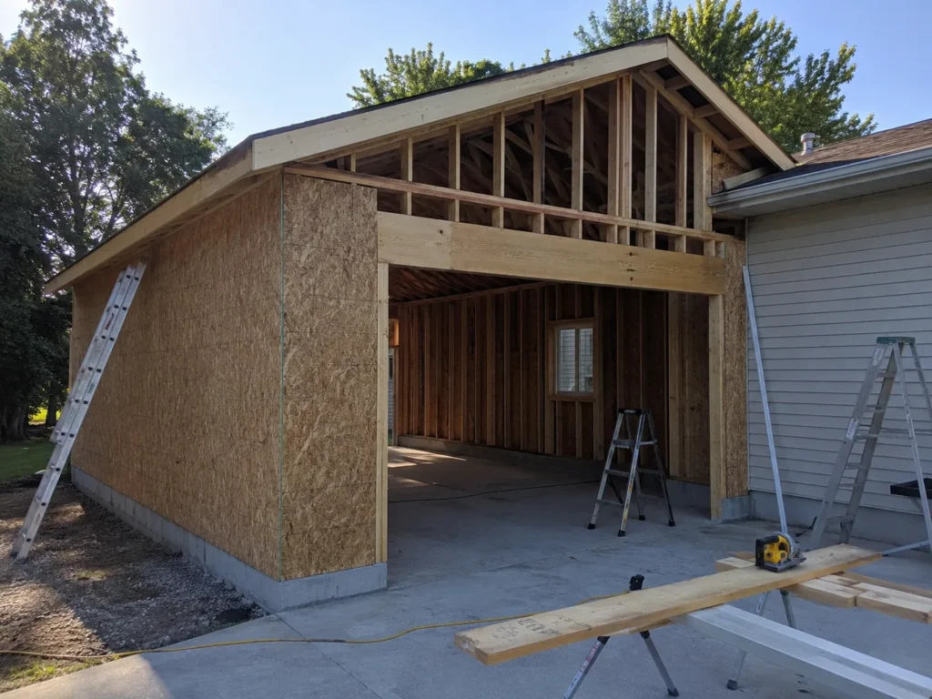 Garage addition framing and exterior sheathing in Cedar Rapids, Iowa.