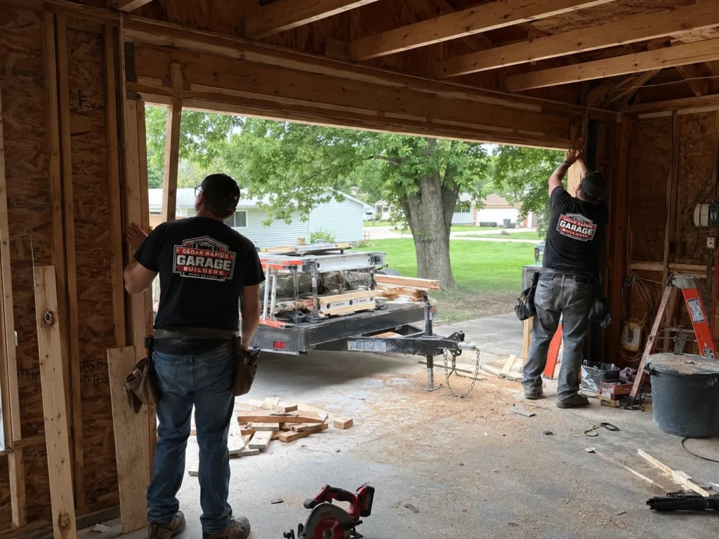 Garage interior framing and finish work in Cedar Rapids, Iowa.
