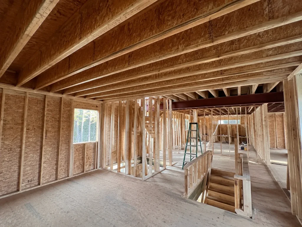 Garage interior framing with loft stairs in Cedar Rapids, Iowa.