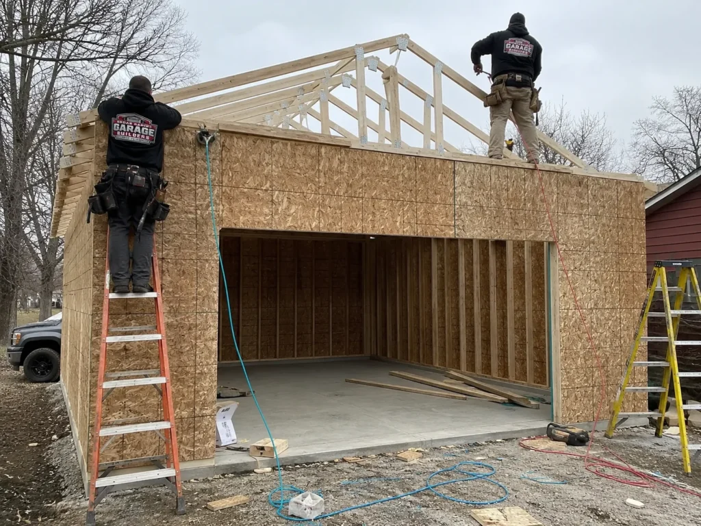 Garage roof truss and wall framing in Cedar Rapids, Iowa.