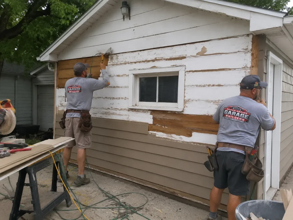 Garage siding removal and replacement preparation in Cedar Rapids, Iowa.