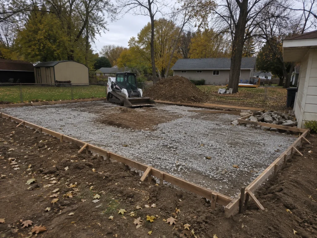 Garage site grading and gravel base preparation in Cedar Rapids, Iowa.