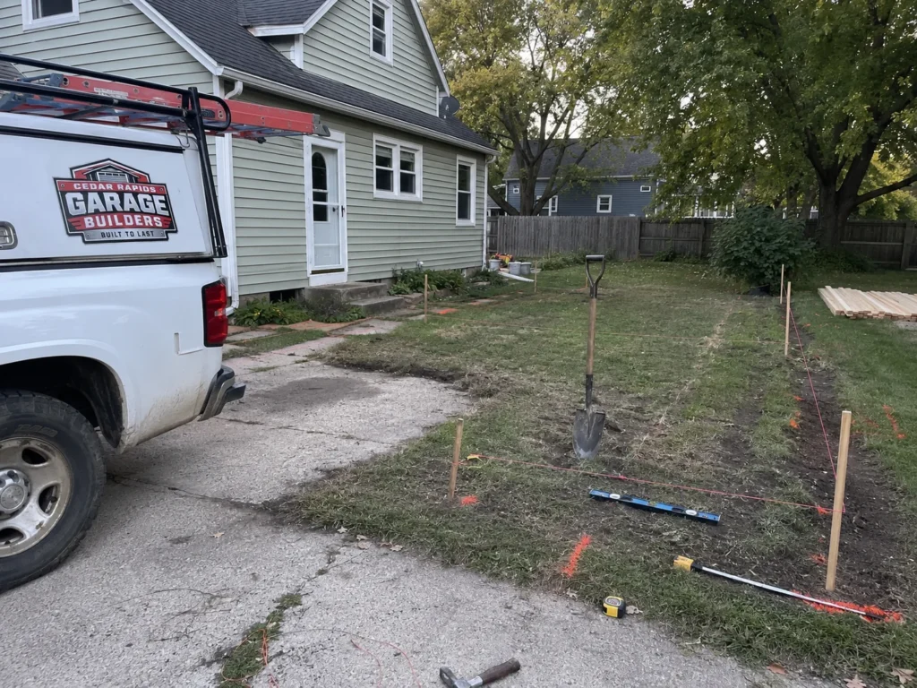 Garage site layout and foundation preparation in Cedar Rapids, Iowa.