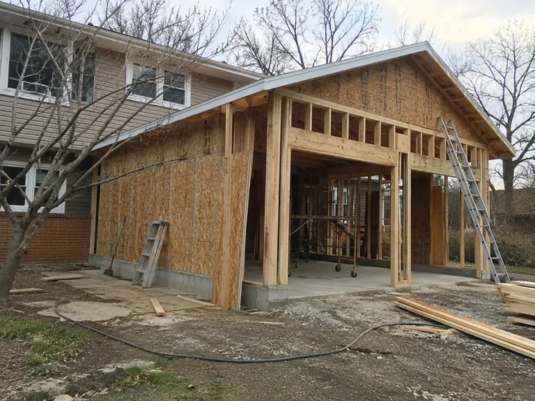 Garage wall framing and exterior sheathing in Cedar Rapids, Iowa.