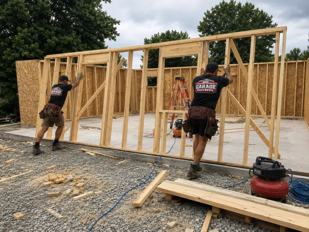 Garage wall framing on concrete slab in Cedar Rapids, Iowa.