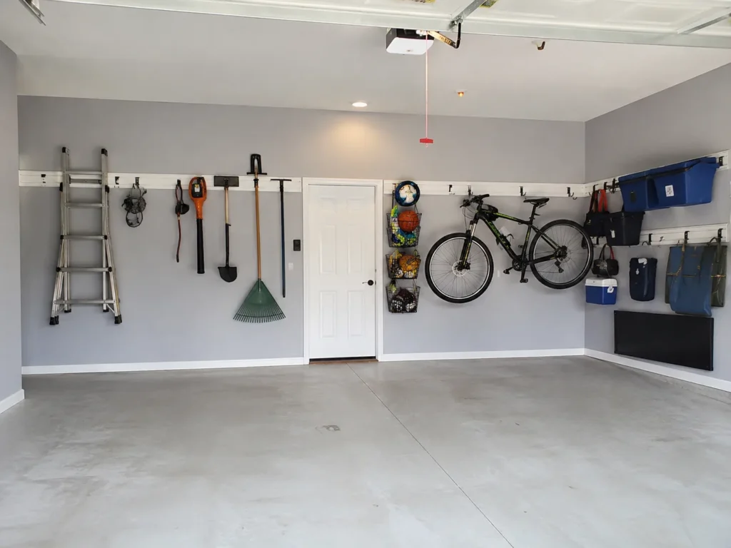 Finished garage interior with wall storage system in Fairfax, Iowa.