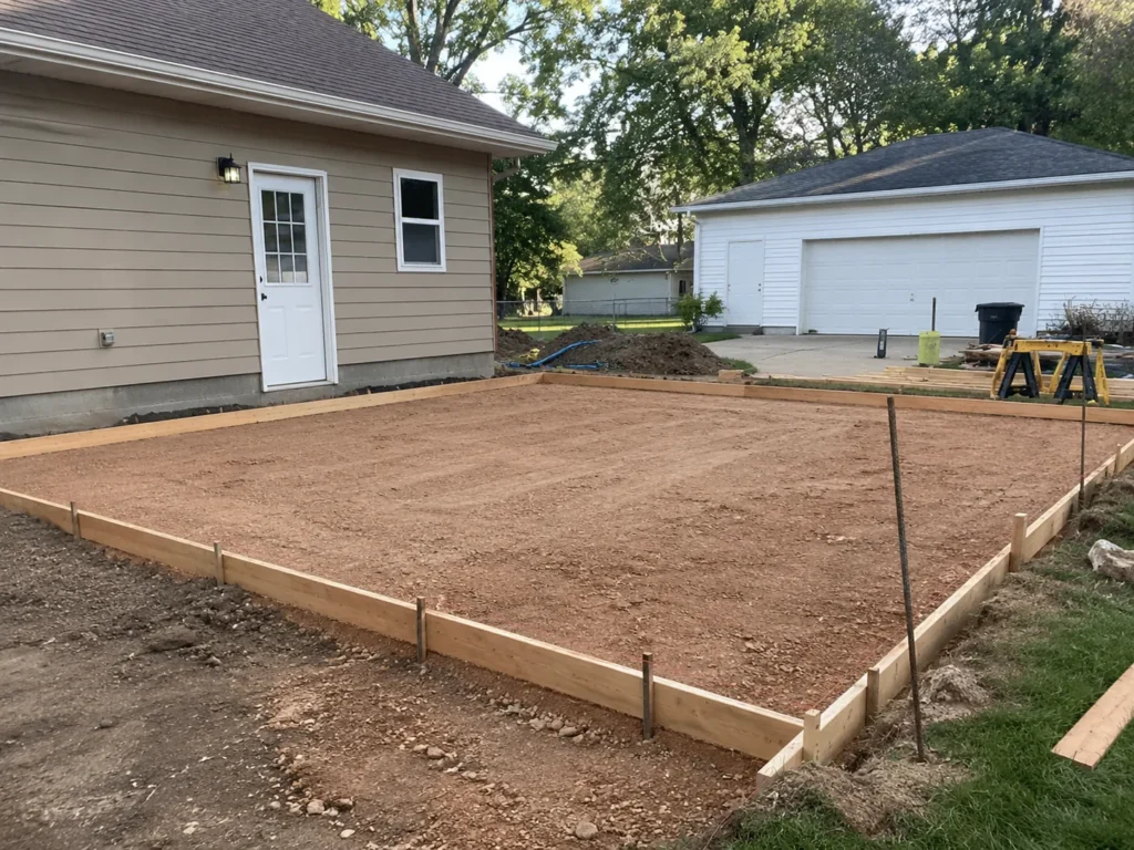 Garage slab base preparation with wood forms in Fairfax, Iowa.