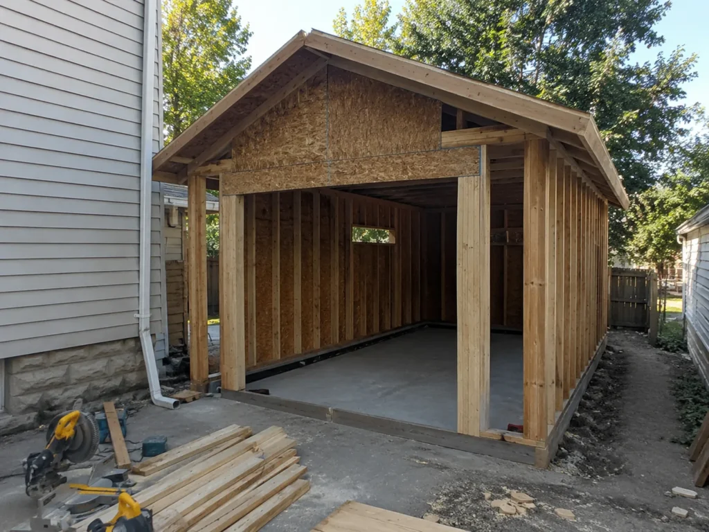 Detached garage framing and sheathing in Hiawatha, Iowa.