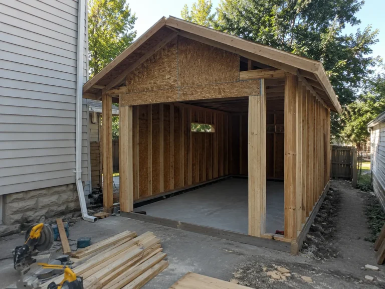 Detached garage framing and sheathing in Hiawatha, Iowa.