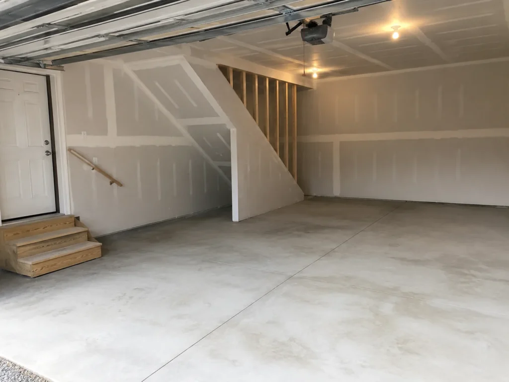 Finished garage interior beneath stairway in Hiawatha, Iowa.