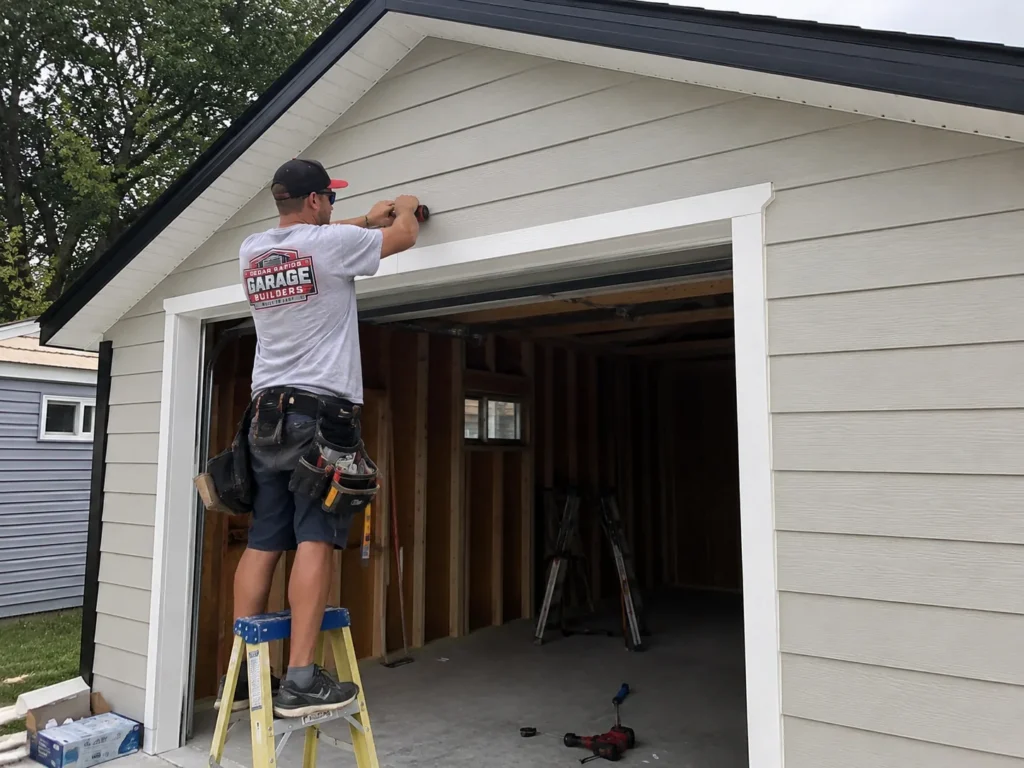 Garage opening exterior trim installation in Hiawatha, Iowa.