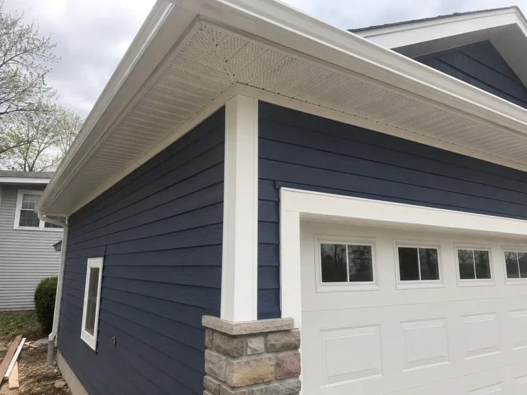 Completed detached garage with dark siding and stone accents in Marion, Iowa.