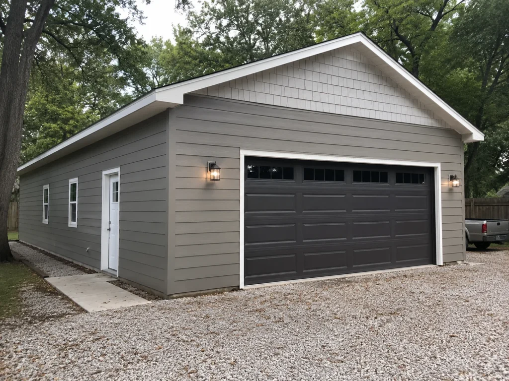 Completed single-car detached garage with dark overhead door in Marion, Iowa.