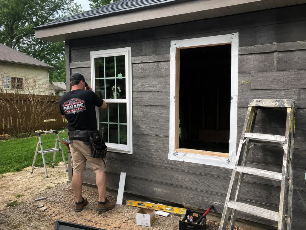 Garage exterior siding and window trim installation in Marion, Iowa.