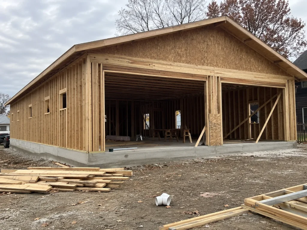 Large multi-bay detached garage framing in Robins, Iowa.