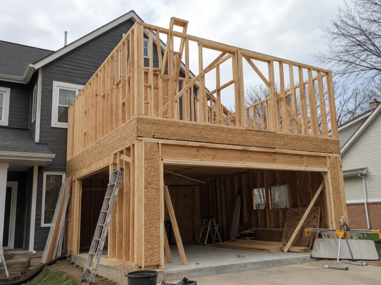 Two-story garage framing with upper-level walls in Robins, Iowa.